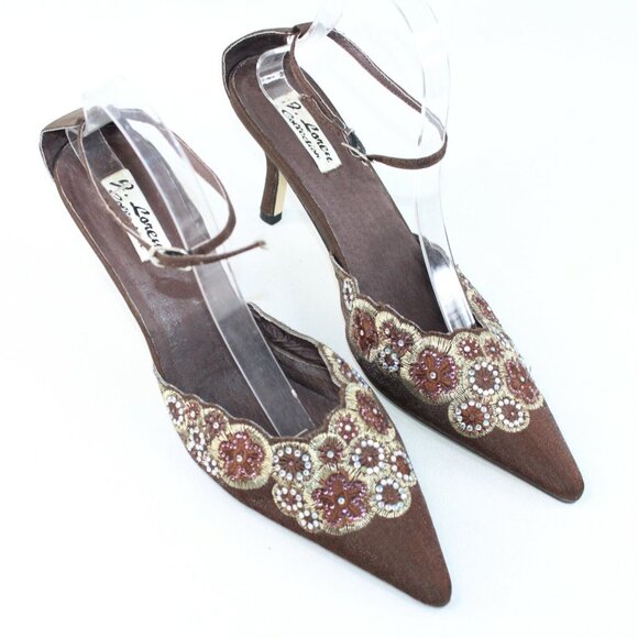 J Loren Collection 9.5M Brown Bronze Beaded Embellishment Pointed Toe Heels - Picture 2 of 10